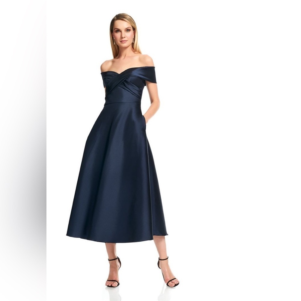 Theia Couture Off The Shoulder Midi Tea Dress In Midnight Navy Blue Gown size 12